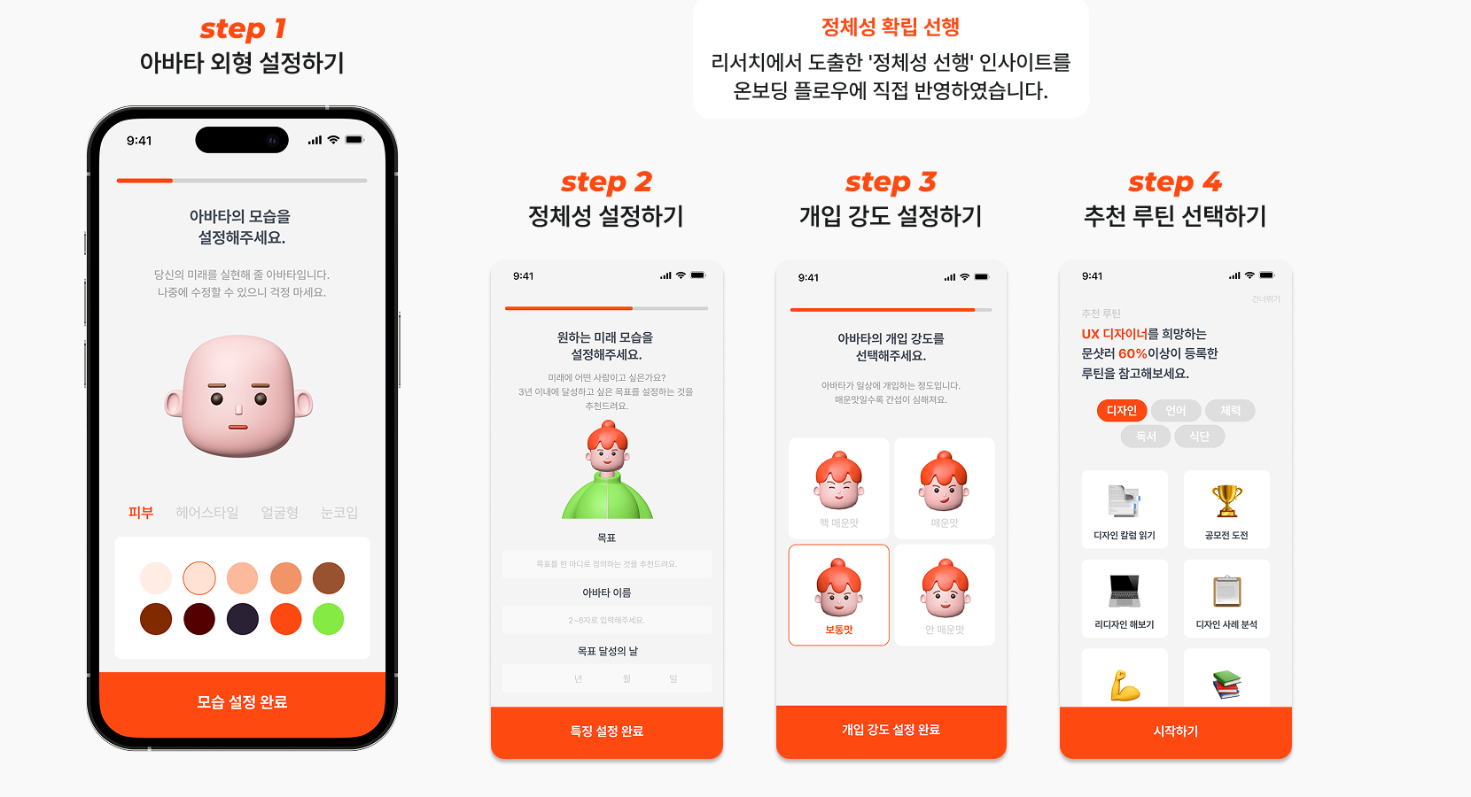 아바타 생성 온보딩 step 1-4 화면