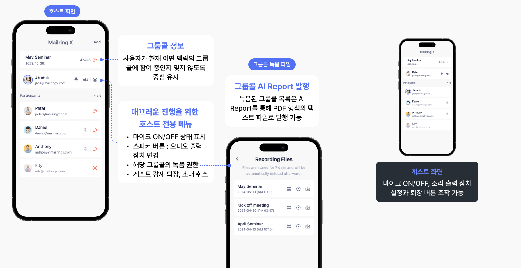 그룹콜 호스트 화면과 게스트 화면, 녹음 파일 화면